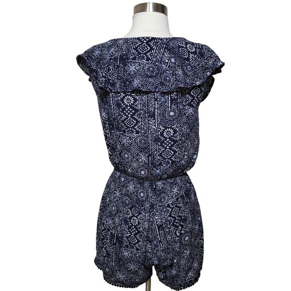 Cape Juby Women Blue Rayon Lace Up Neck Ruffle Abstract Print Chic Romper Size S - Picture 2 of 7